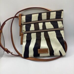 Dooney & Bourke Zebra Print Nylon Crossbody Bag Triple Zip Brown Leather